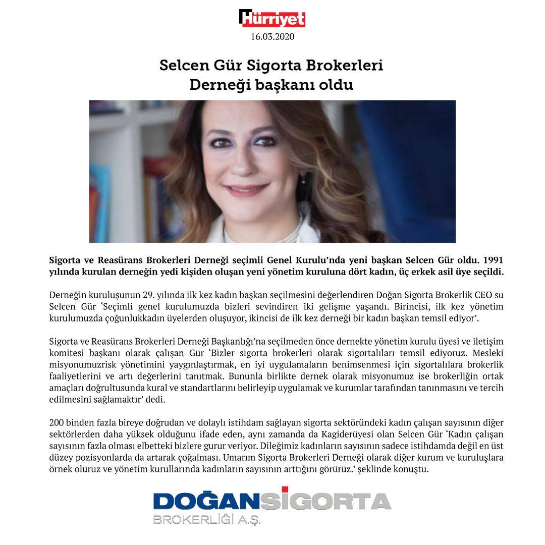 Selcen Gür - Hürriyet Gazetesi  Selcen Gür Sigorta brokerleri Derneği başkanı oldu - 16 Mart 2020